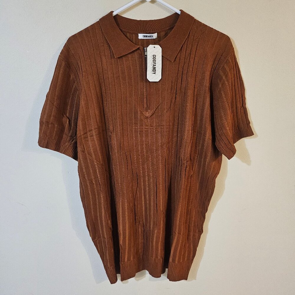 Coofandy Men's Zipper Ribbed Knit Polo Shirt - Size L